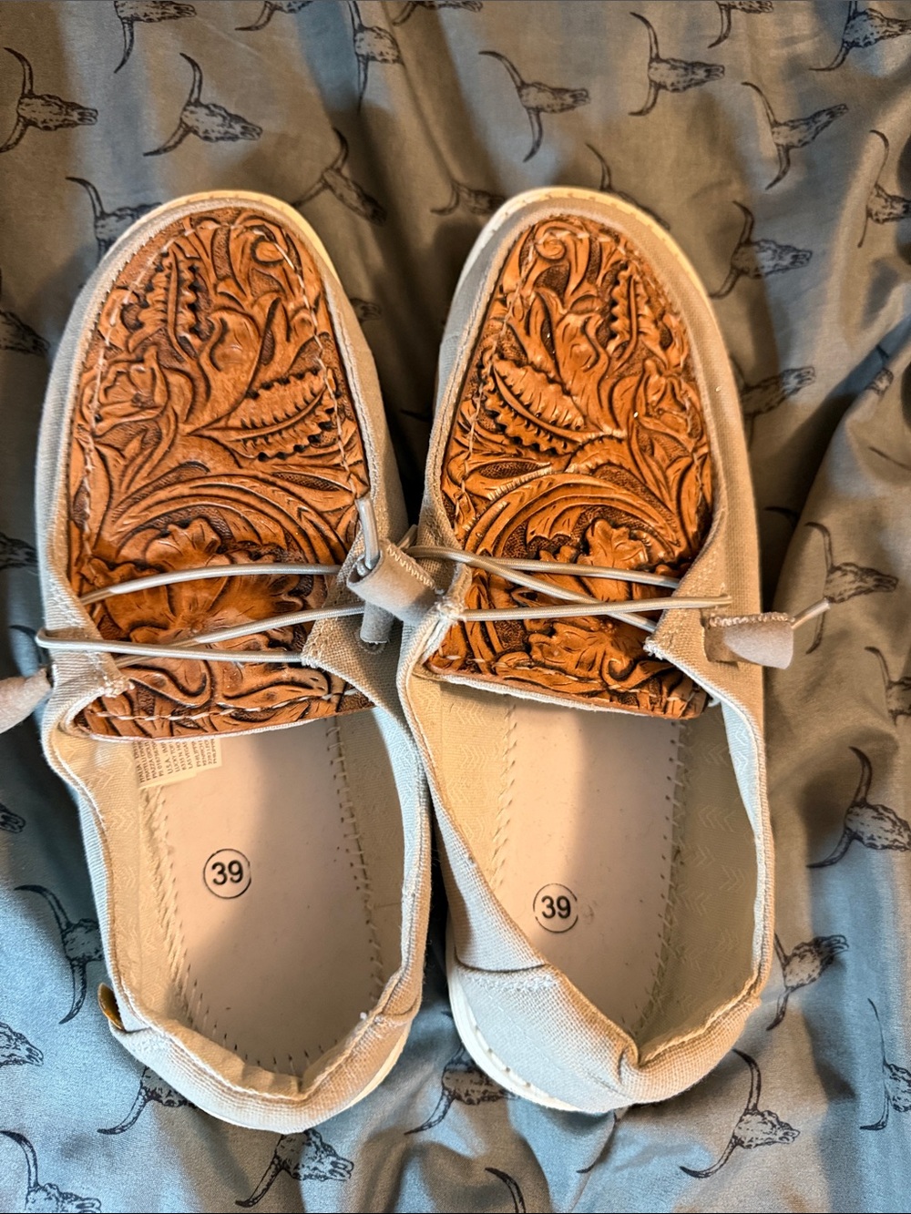 Hey Dude Women’s Slip-On Flats with Embossed Tan Leather Toe
